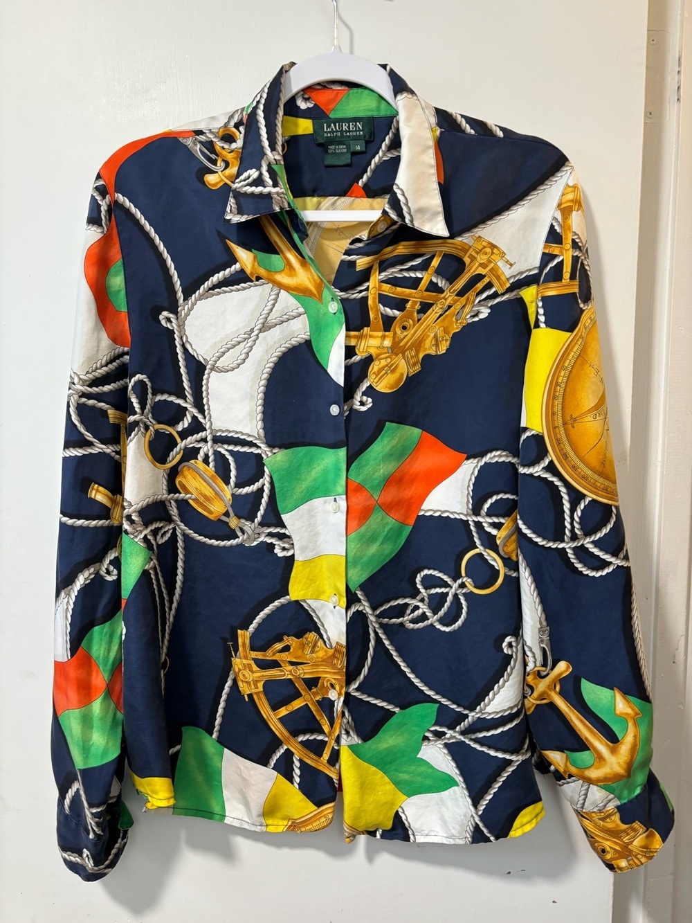 Vintage Lauren By Ralph Lauren Silk Nautical Print Button Down Blouse Top Sz 14
